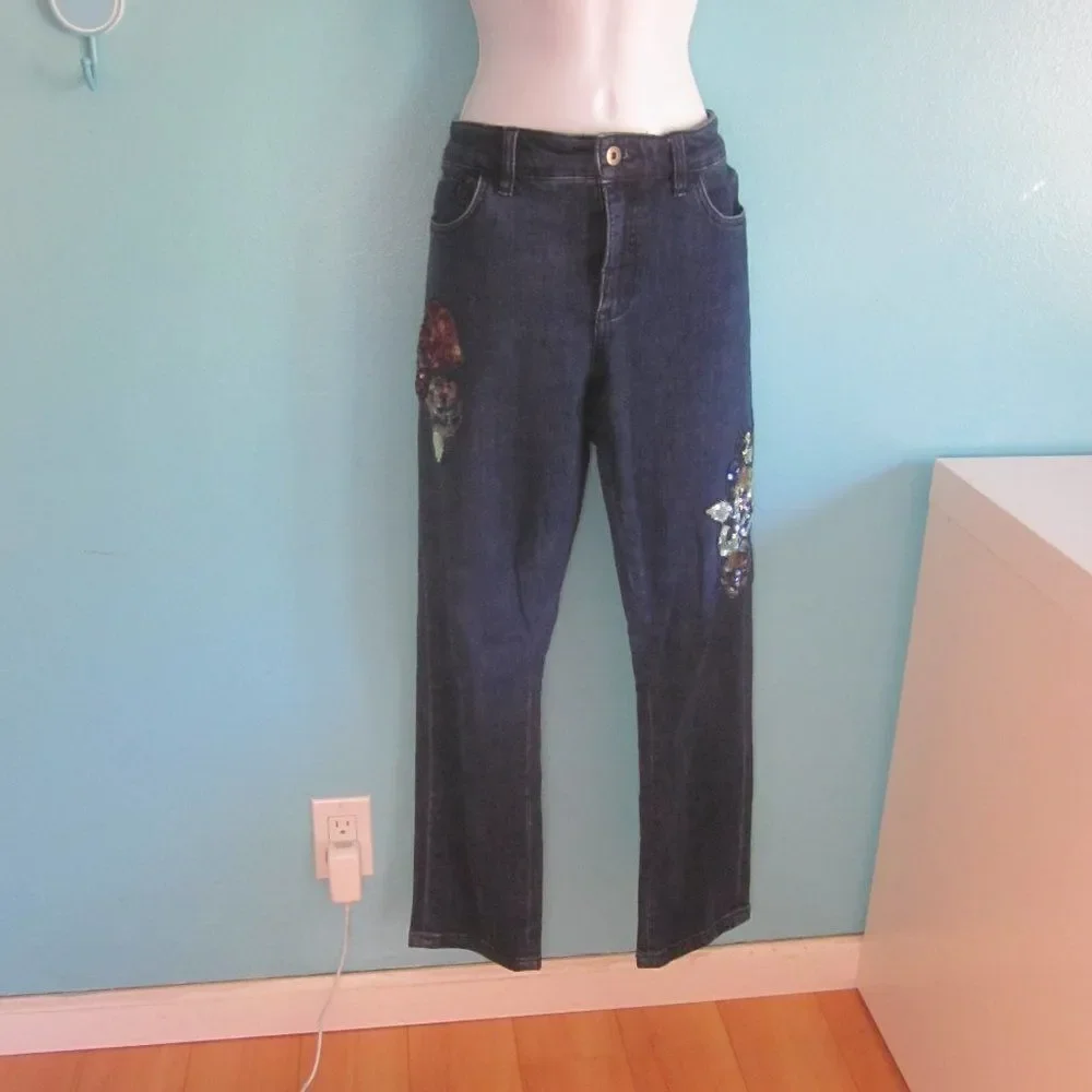 Anthropologie Pilcro Floral Sequin BOHO Slim Boyfriend Jeans Blue Denim Size 28